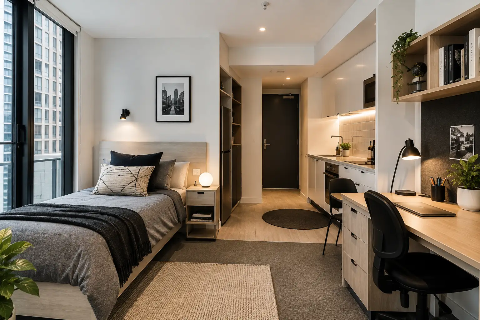 Student studio apartment in with an open-plan bedroom,