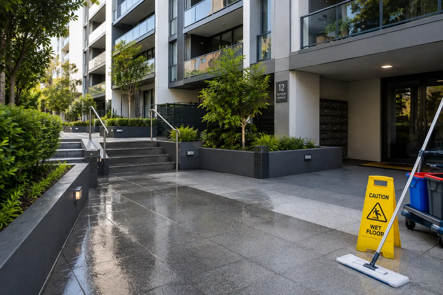 well-maintained apartment complex entrance in Bayswater
