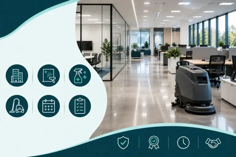 Spotless corporate workspace, glass meeting rooms, commercial floor scrubber, and service icons representing quality, reliability, scheduled cleaning, and workplace hygiene.